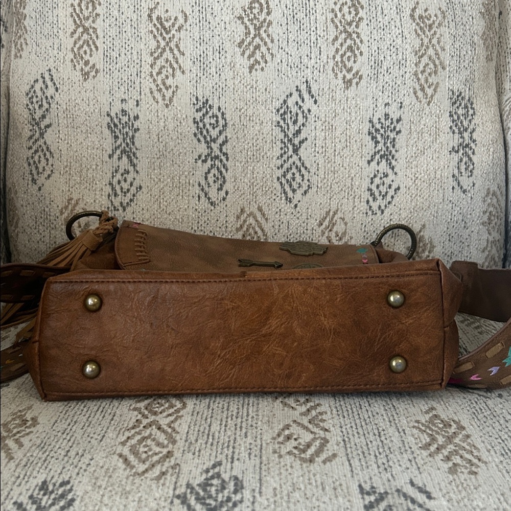 Brown Boho Embroidered Leather-Style Crossbody Bag - Picture 6 of 10